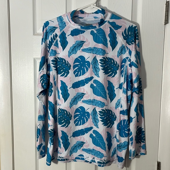 TSLA women’s long sleeve swim beach surf shirt UV sun protect leaf blue pink 2XL - Picture 1 of 12